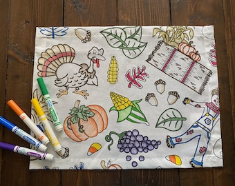 Manteles individuales para colorear con diseño de Acción de Gracias – Actividad de tela lavable y reutilizable (Juego de 4 u 8)
