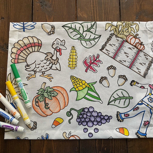 Thanksgiving Design Coloring Placemats – Washable Reusable Fabric Activity (Set of 4 or 8)