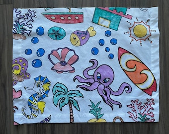 Manteles individuales para colorear Oceantime Fun Design - Tela lavable y reutilizable para actividades (juego de 4 u 8)