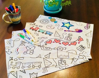 Manteles individuales para colorear con diseño de celebración - Tela lavable y reutilizable para actividades (juego de 4 u 8)