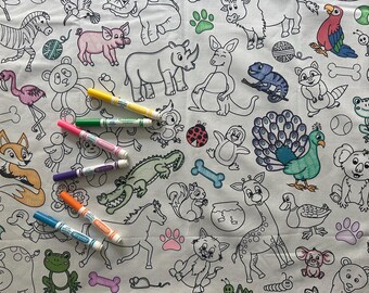 Mantel para colorear con diseño de animales divertidos – Tela lavable y reutilizable para actividades