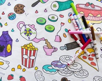 Mantel para colorear con diseño de alimentos – Tela lavable y reutilizable para actividades