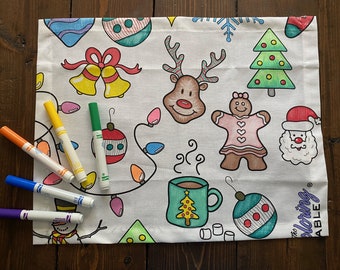 Holiday Design Coloring Placemats – Washable Reusable Fabric Activity (Set of 4 of 8)