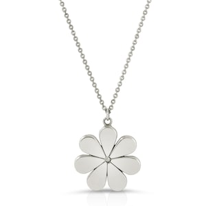 Sterling Silver Flower Pendant Necklace: Natural Diamond, Adjustable Chain