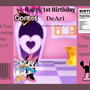 Customized chip bags, minnie mouse chip bags, 1st birthday,