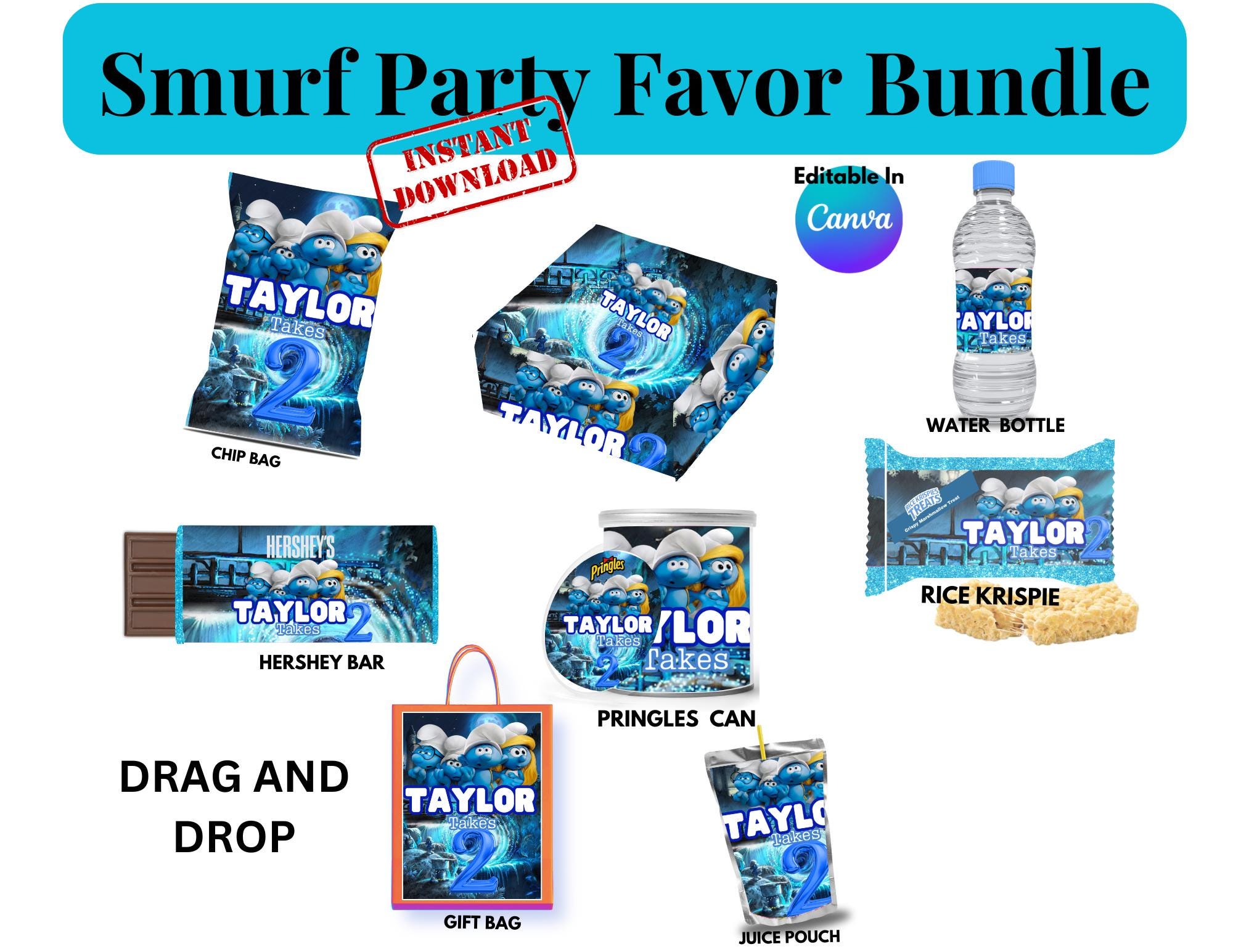 Smurf Party Favor Bundle, Smurf Birthday Chip Bag, Custom Juice Pouch Labels, Rice Krispie Treats, Hershey Bar Wrapper, Canva Template