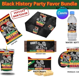 May include: A Black History Party Favor Bundle featuring various items like a chip bag, Hershey bar, water bottle, juice pouch, rice crispy, and Pringles can. Each item has a design with the text "Black History Month".