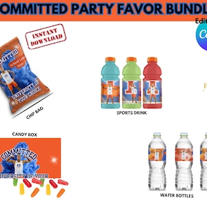 Op de afbeelding: Een feestpakket met diverse items. Inclusief een chipzak, snoepdoos, sportdranken en waterflessen. Elk item toont het woord "COMMITTED" en de tekst "UNIVERSITY OF YOUR CHOICE".