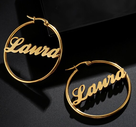 Custom Name Hoops,Stainless Steel Name Earrings,Custom Logo Big Nameplate,Handmade Jewelry For Women And Girls Hoop Earrings