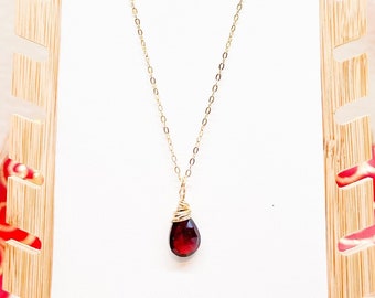 Natural garnet wire wrapped 14k gold pendant, handmade jewelry, faceted briolette garnet necklace, gift for wife, january birthstone