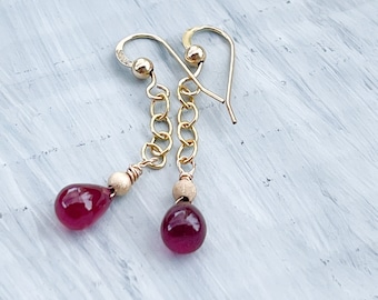 Ruby Gold Fill Drop Earrings, Handmade Jewelry, Gift for Wife, Genuine Natural Ruby, July Birthstone, Anniversary Gift for Her, Wire Wrapped