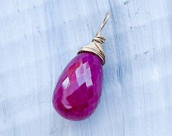 Natural ruby 14k gold wire wrapped pendant, briolette teardrop ruby necklace, gold wire jewelry, handmade jewelry, july birthstone, artisan