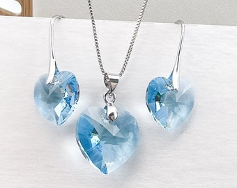 Ice Blue Swarovski Crystal Heart Jewelry Set, Swarovski Heart Drop Earrings, Crystal Pendant, Gift for her