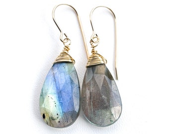 Labradorite wire wrapped drop earrings, 14k gf wiring, handmade jewelry, gift for her, blue flash, gift for wife, present for girlfriend