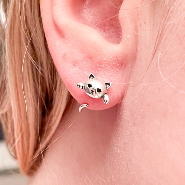 Cat climber earrings, suspended cat hoop earrings, sterling silver kitten jewelry, gift for cat lover, feline present, Valentines gift