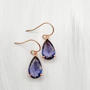 Amethyst Rose Gold Filled tear drop earrings, faceted lab made Amethyst gemstone, statement earrings, handmade jewelry, February Birthstone,
