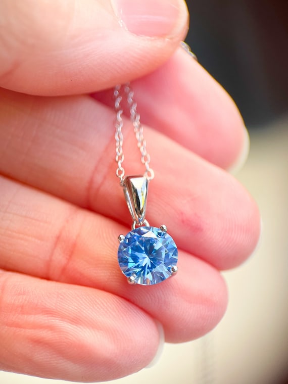 Lab Made Aquamarine Pendant Sparkly Round Gemstone Sterling