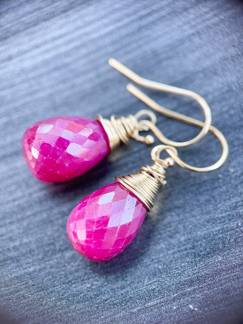 14k gold ruby drop earrings, handmade wire wrap briolette teardrop rubies, artisan jewelry, handmade jewelry, july birthstone, image 6