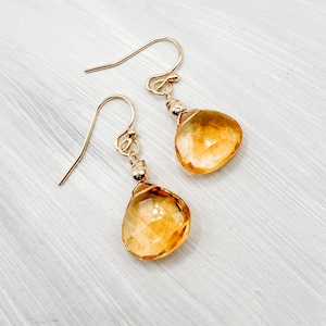 Natural Citrine drop earrings, yellow gemstone wire wrapped, solid 14k gold, faceted heart cut, handmade jewelry for her, unique gift wife