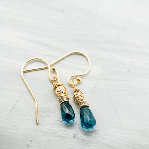 Rare London Blue Topaz Drop Earrings, Solid 14K Gold Hand Wire Wrapped Jewelry, Gift for Wife, Briolette Tear Drop, November birthstone Gem