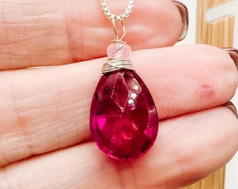Rare Pink Sapphire with Opal  Pendant, Sterling Silver Wire Wrapped Gemstone Necklace, Handmade Pink Jewelry, Gift for her, September