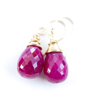 14k gold ruby drop earrings, handmade wire wrap briolette teardrop rubies, artisan jewelry, handmade jewelry, july birthstone, image 9