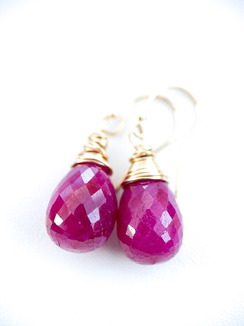 14k gold ruby drop earrings, handmade wire wrap briolette teardrop rubies, artisan jewelry, handmade jewelry, july birthstone, image 9