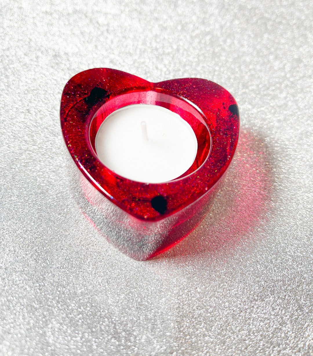 Red Heart Tea Light Candle Holder, Handmade Resin Candle Decor