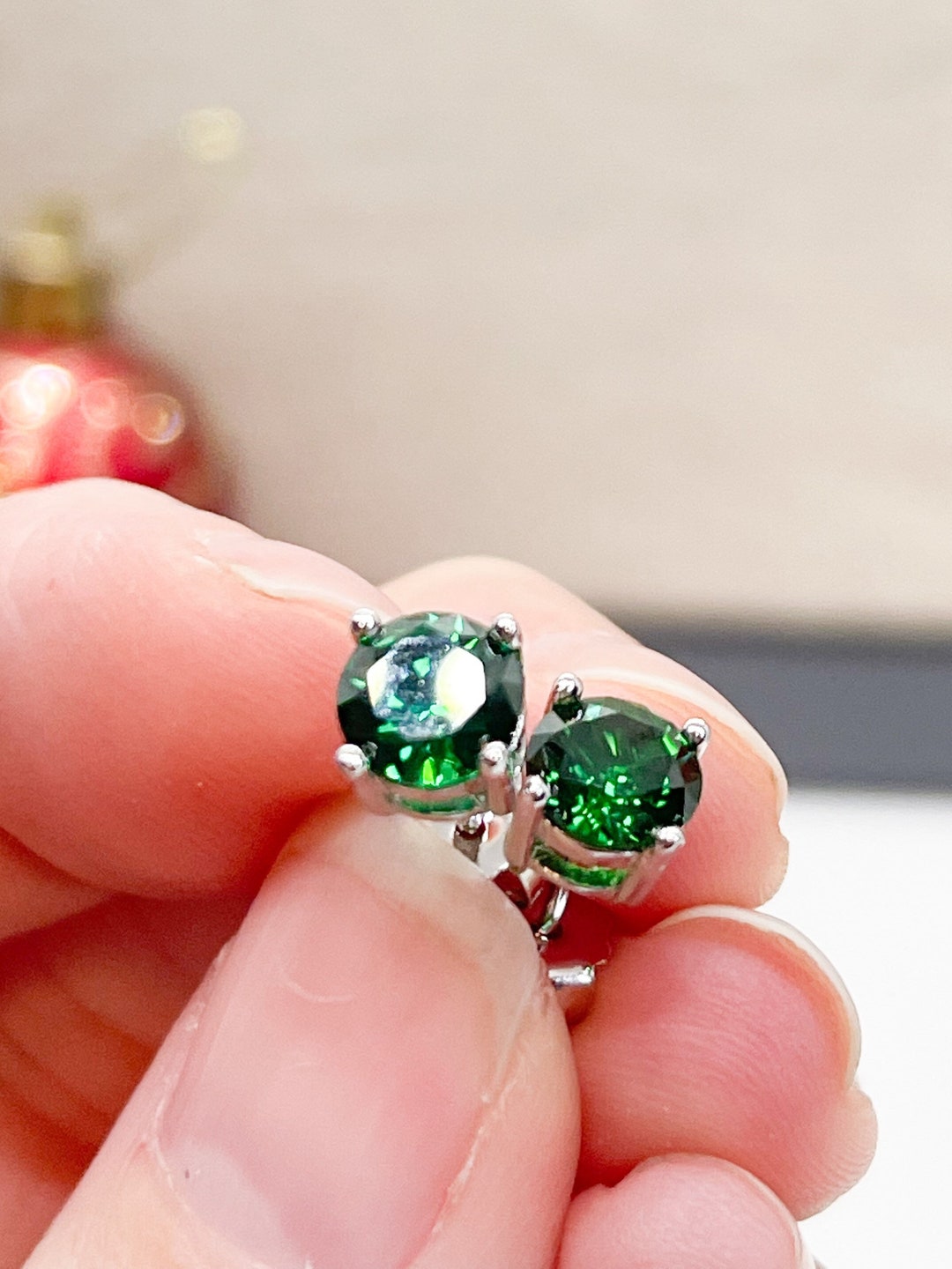 Emerald Stud Earrings, Lab Made Emerald, Sterling Silver Jewelry, May