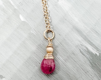 Pink sapphire pendant, 14k gf wire wrapped necklace, faceted sapphire, petite pendant, September birthstone, gift for her, jewelry for wife