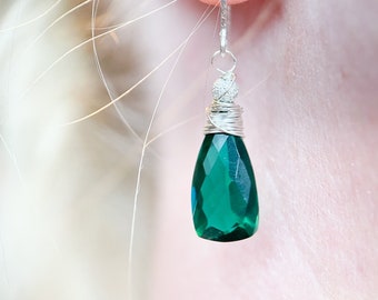 Emerald green Quartz drop earrings, sterling silver wire wrapped, may birthstone, handmade gift for her, Christmas Jewelry