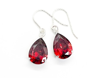 Ruby teardrop earrings, faceted lab made Ruby gemstone, statement earrings, handmade jewelry, July Birthstone, Valentines gift