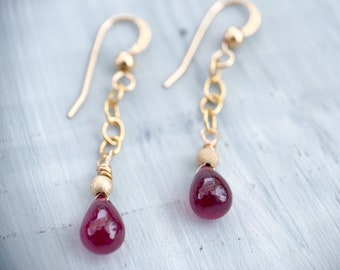 Natural Rubies, Handmade Smooth Ruby Drop Earrings, Hand Wire Wrapped Jewels, Gift for Her, One of a Kind Statement, July Birthstone Present