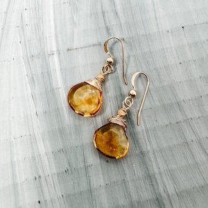 Natural Citrine drop earrings, yellow gemstone wire wrapped, 14k gold fill, faceted heart cut, handmade jewelry for her, unique gift wife