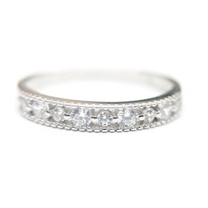 Sterling Silver Cubic Zircon Band, Minimalist Ring CZ Diamond Wedding Band, Commitment Ring, Handmade, Promise Gift, April Birthstone
