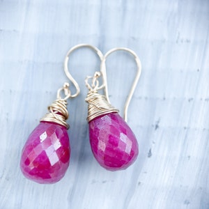 14k gold ruby drop earrings, handmade wire wrap briolette teardrop rubies, artisan jewelry, handmade jewelry, july birthstone, image 2