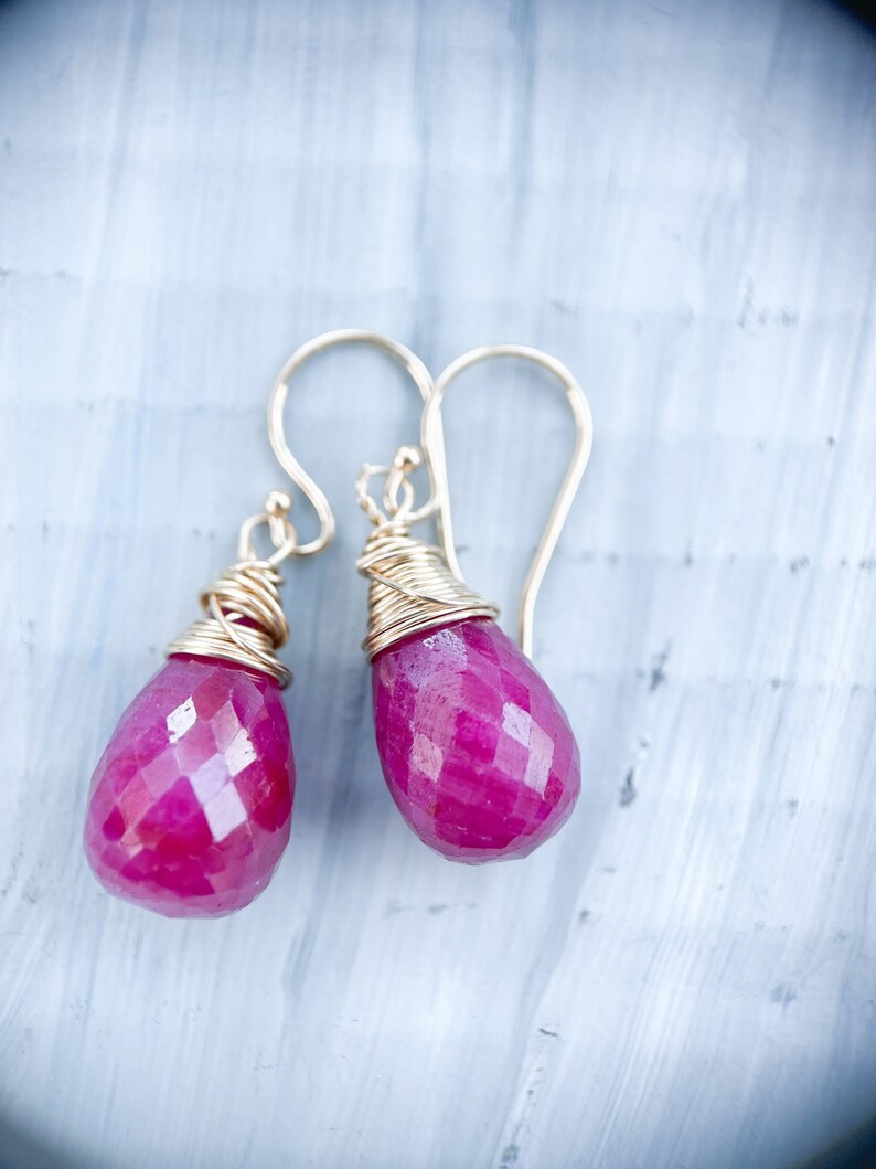 14k gold ruby drop earrings, handmade wire wrap briolette teardrop rubies, artisan jewelry, handmade jewelry, july birthstone, image 2