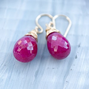 14k gold ruby drop earrings, handmade wire wrap briolette teardrop rubies, artisan jewelry, handmade jewelry, july birthstone, image 4