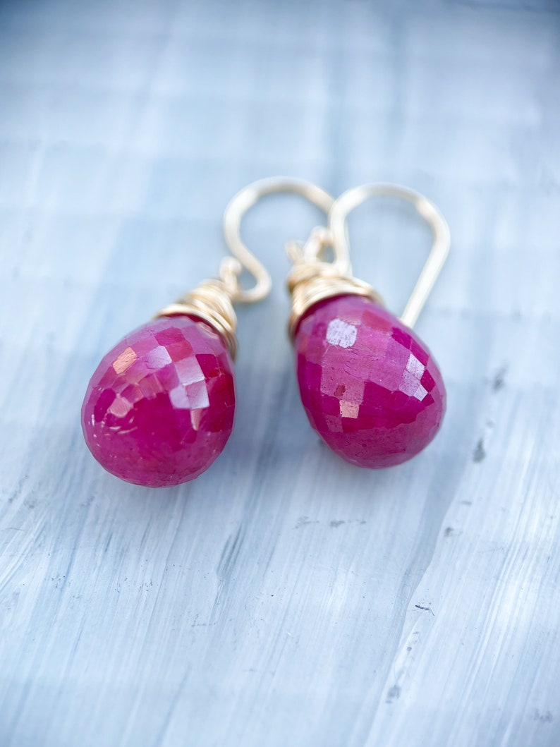 14k gold ruby drop earrings, handmade wire wrap briolette teardrop rubies, artisan jewelry, handmade jewelry, july birthstone, image 4