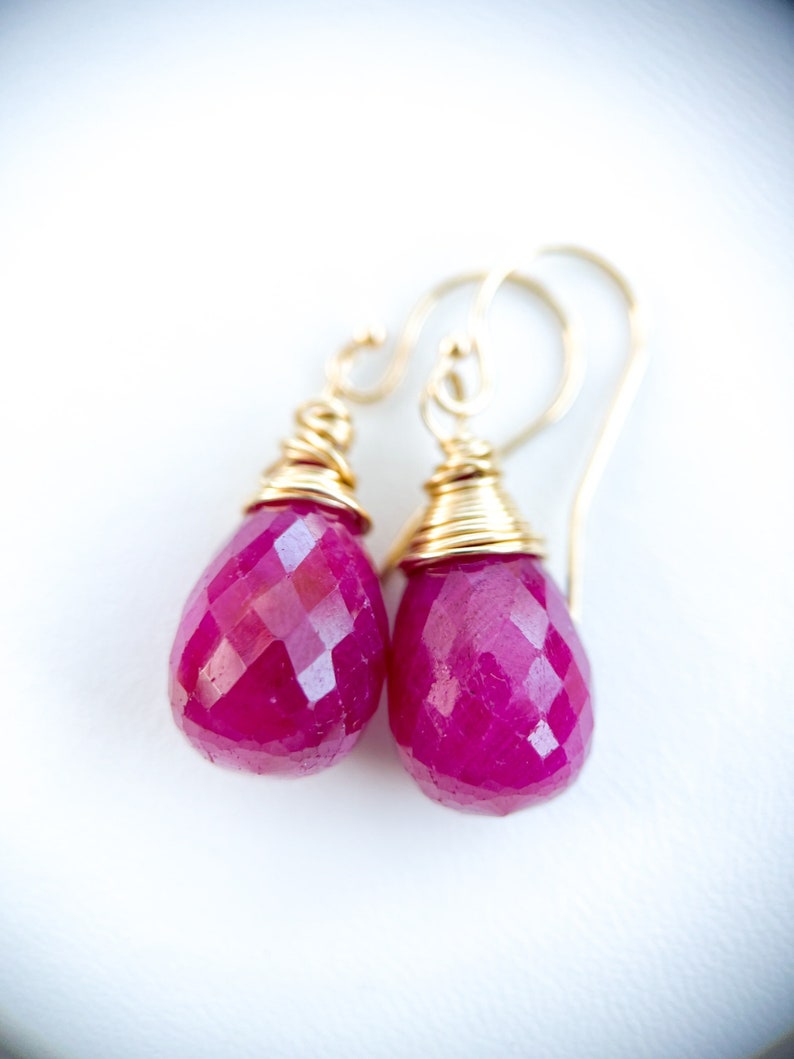 14k gold ruby drop earrings, handmade wire wrap briolette teardrop rubies, artisan jewelry, handmade jewelry, july birthstone, image 7