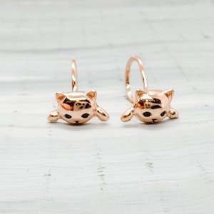 Cat climber earrings, suspended cat hoop earrings, rose gold plated kitten jewelry, gift for cat lover, feline present, present for her,