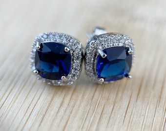 Blue Sapphire Halo Moissanite Earrings September Birthstone Earrings Tiny Genuine Oval Sapphire Studs Earrings Halo Earrings Bridal Earrings