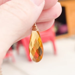 Citrine tear drop pendant, yellow gem gold fill wire wrapped jewelry, faceted lab made citrine , anniversary gift, gift for her