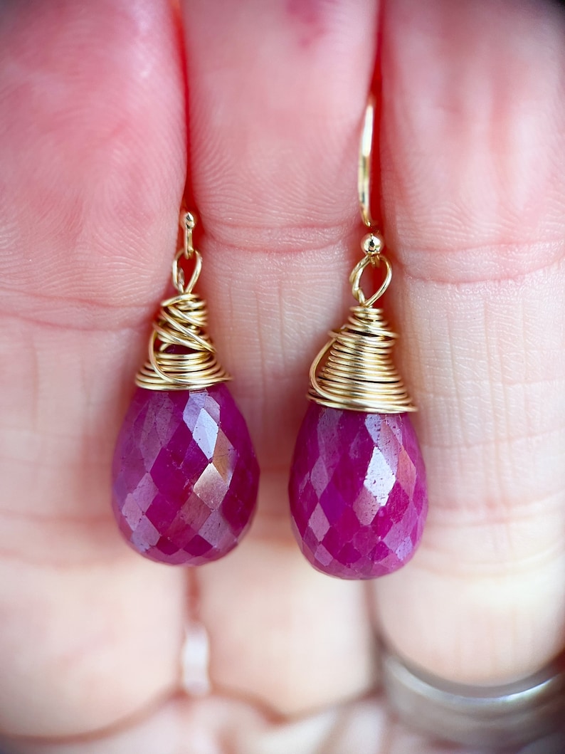 14k gold ruby drop earrings, handmade wire wrap briolette teardrop rubies, artisan jewelry, handmade jewelry, july birthstone, image 10