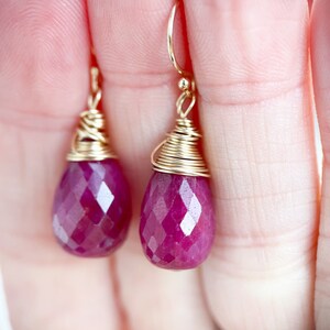 14k gold ruby drop earrings, handmade wire wrap briolette teardrop rubies, artisan jewelry, handmade jewelry, july birthstone, image 8