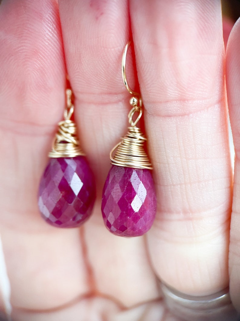 14k gold ruby drop earrings, handmade wire wrap briolette teardrop rubies, artisan jewelry, handmade jewelry, july birthstone, image 8