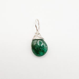 Natural Smooth Emerald pendant, sterling silver wire wrapped by hand, May Birthstone, tear drop dark green emerald, elegant jewelry for her