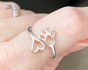 Paw love ring, paw heart jewelry, sterling silver animal jewelry, cat ring, dog ring, gift for animal lover, Valentines gift