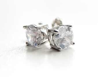 Diamond Stud Earrings, Sparkly Round Cubic Zirconia, Sterling Silver Jewelry, April Birthstone, Bridal Jewelry, Wedding Earring, Push Back