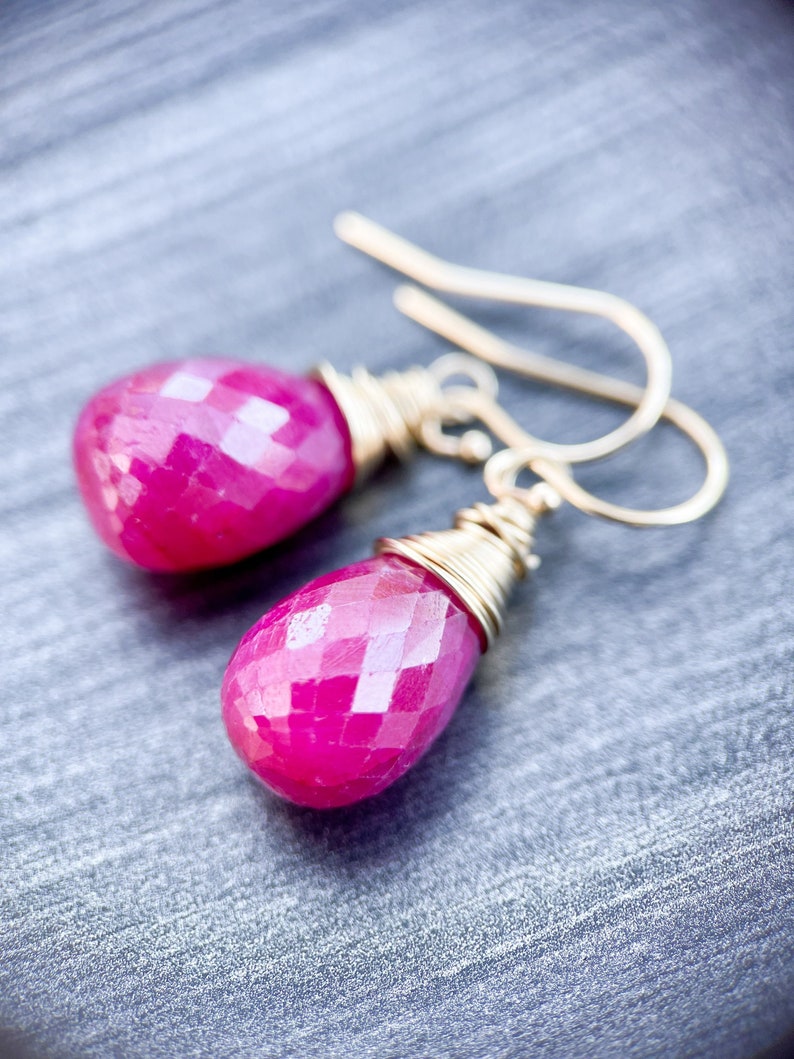 14k gold ruby drop earrings, handmade wire wrap briolette teardrop rubies, artisan jewelry, handmade jewelry, july birthstone, image 3